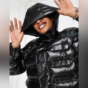 ASOS Collusion Unisex Puffer Coat With Collusion Print Jacket In Black Size XL